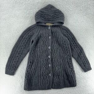 vtg INIS CRAFTS MERINO WOOL 3D‎ CABLE-KNIT HOODED CARDIGAN COATIGAN SWEATER XS